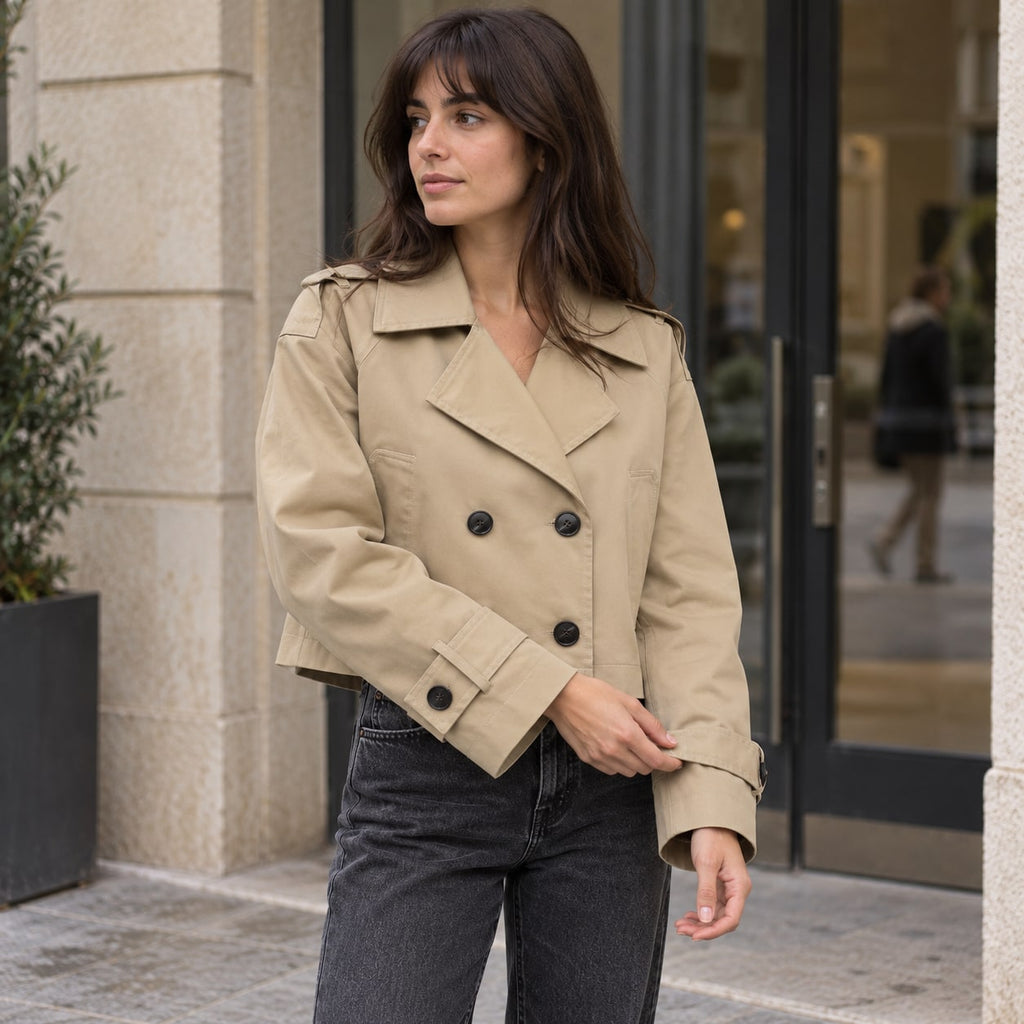 Trench Corto Cruzado para Mujer | Chaquetón Oversize de Manga Larga