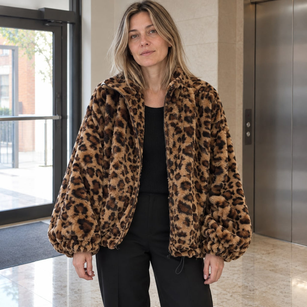 Abrigo de Pelo Sintético Estampado Leopardo para Mujer | Chaquetón Ancho de Invierno