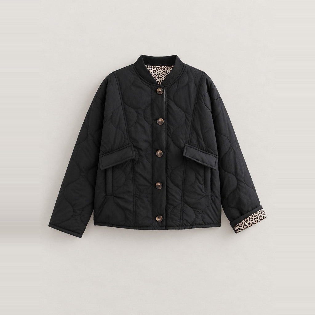 Chaqueta Acolchada Corta para Mujer | Guateada con Botones y Forro de Leopardo