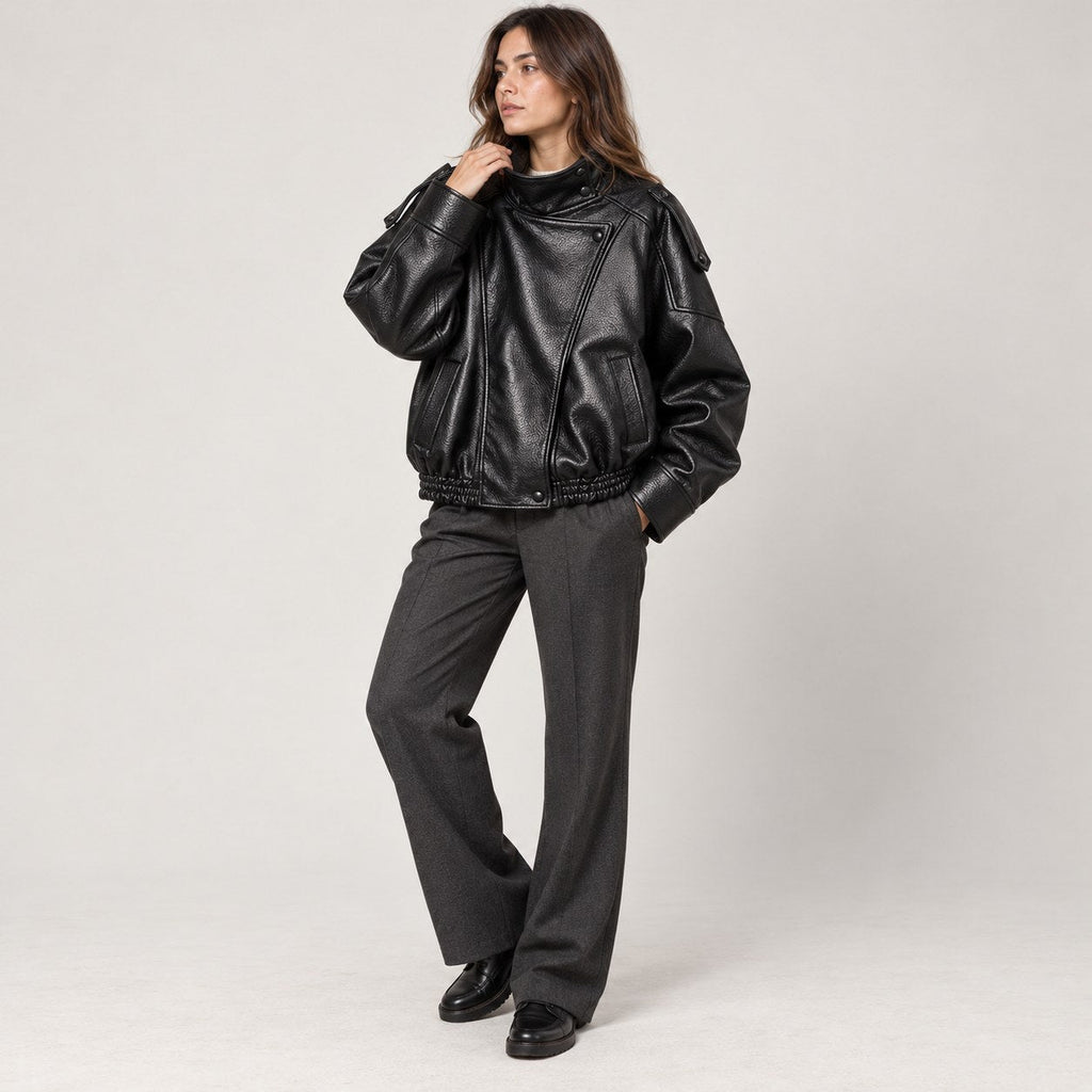 Chaqueta de Piel Sintética Oversize para Mujer | Bomber Motero de Cuello Alto
