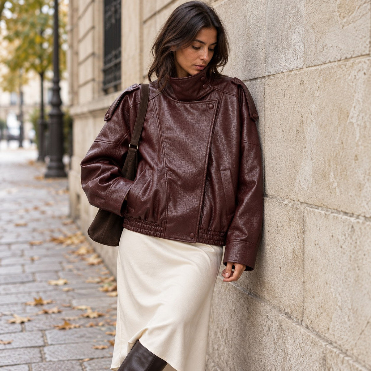 Chaqueta de Piel Sintética Oversize para Mujer | Bomber Motero de Cuello Alto