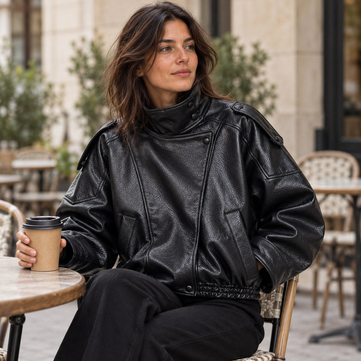 Chaqueta de Piel Sintética Oversize para Mujer | Bomber Motero de Cuello Alto