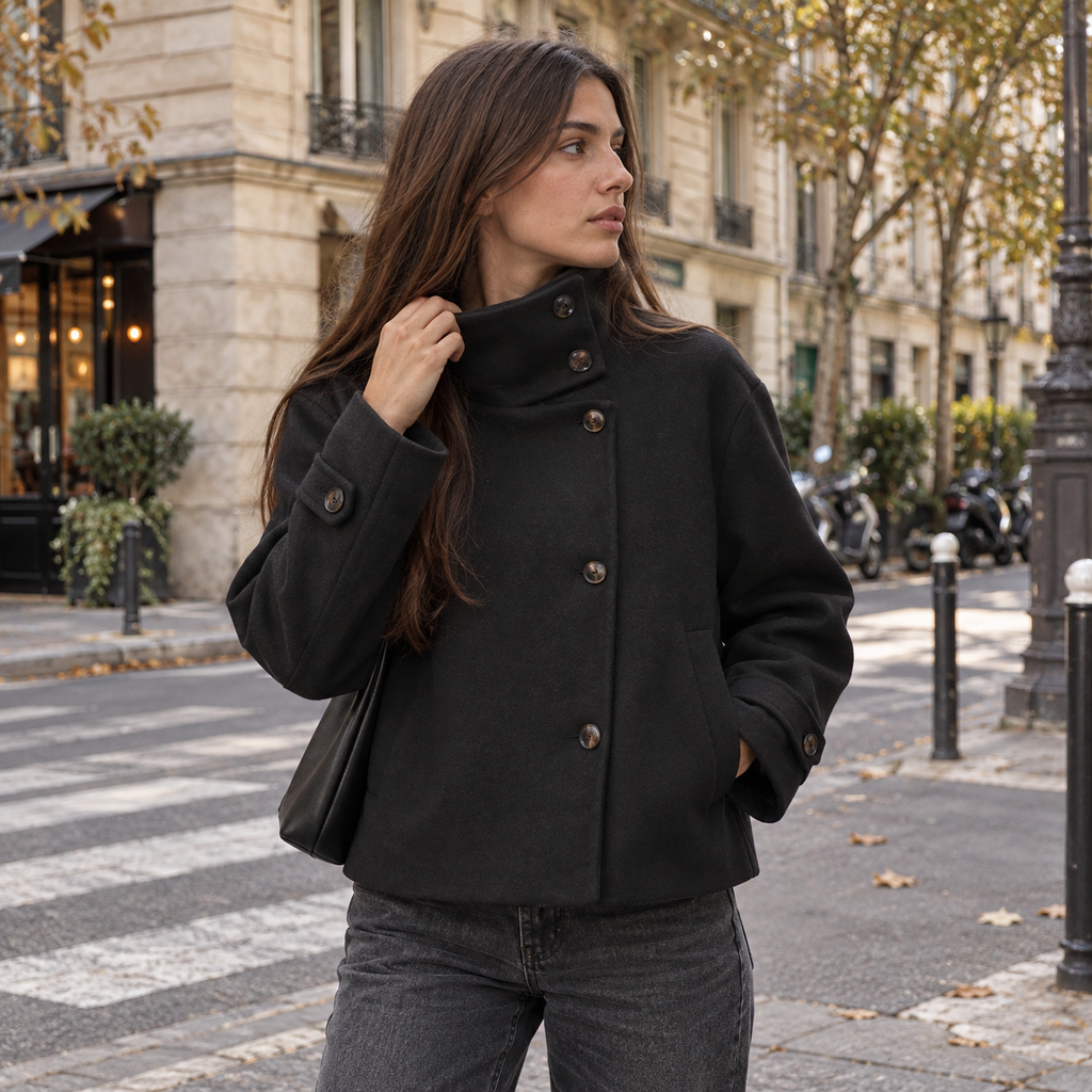 Abrigo Corto de Cuello Alto para Mujer | Chaquetón Efecto Paño con Botones Asimétricos