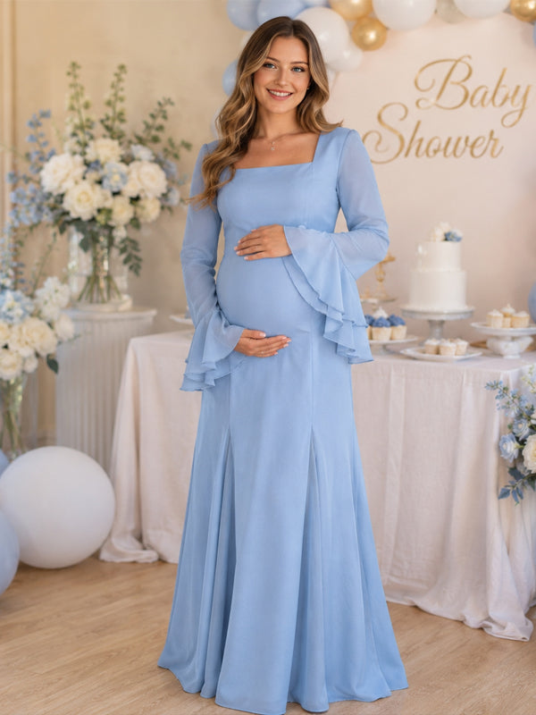 Vestido Premamá Maxi Elegante con Volantes y Manga Acampanada