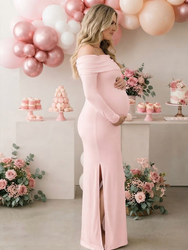Vestido Premamá Maxi con Hombros Descubiertos, Abertura y Espalda Descubierta