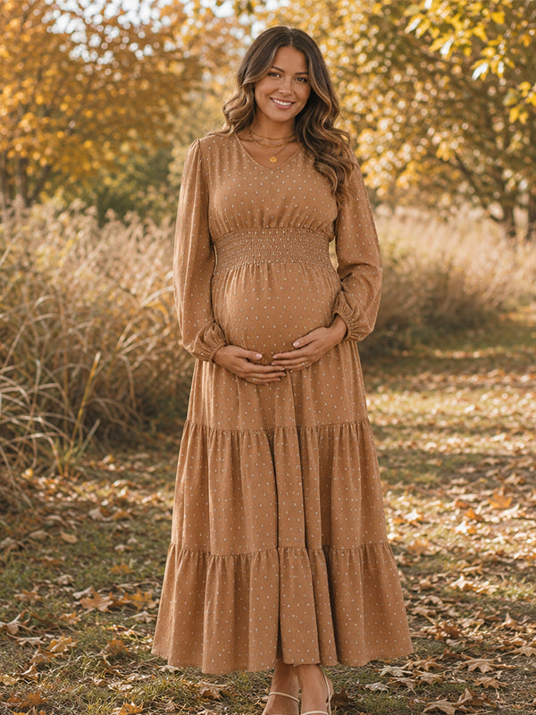 Vestido Premamá Midi Elegante con Volantes y Nido de Abeja para Sesión de Fotos