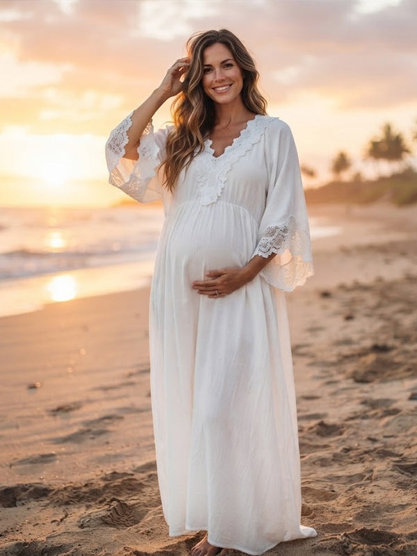 Vestido Premamá Maxi Blanco de Encaje con Escote V Profundo para Sesión de Fotos