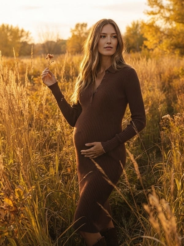 Vestido Premamá Midi de Crochet con Cuello y Botones