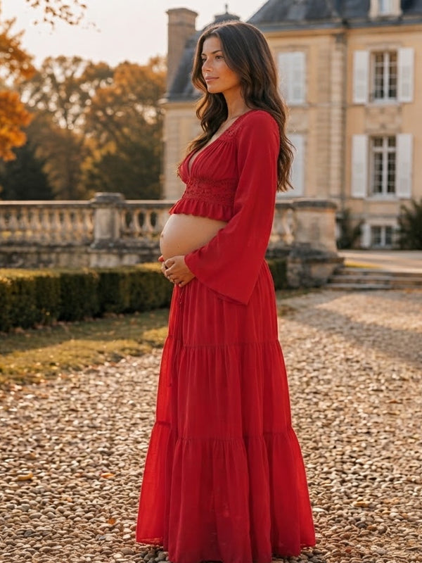 Conjunto Premamá Maxi 2 en 1 Fruncido con Escote V y Encaje