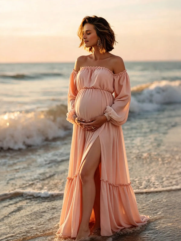 Vestido Premamá Rosa con Hombros Descubiertos y Abertura Lateral