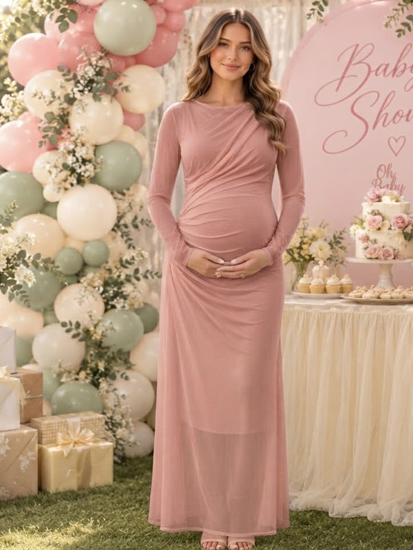 Vestido Premamá Maxi para Baby Shower de Tul Fruncido y Ajustado