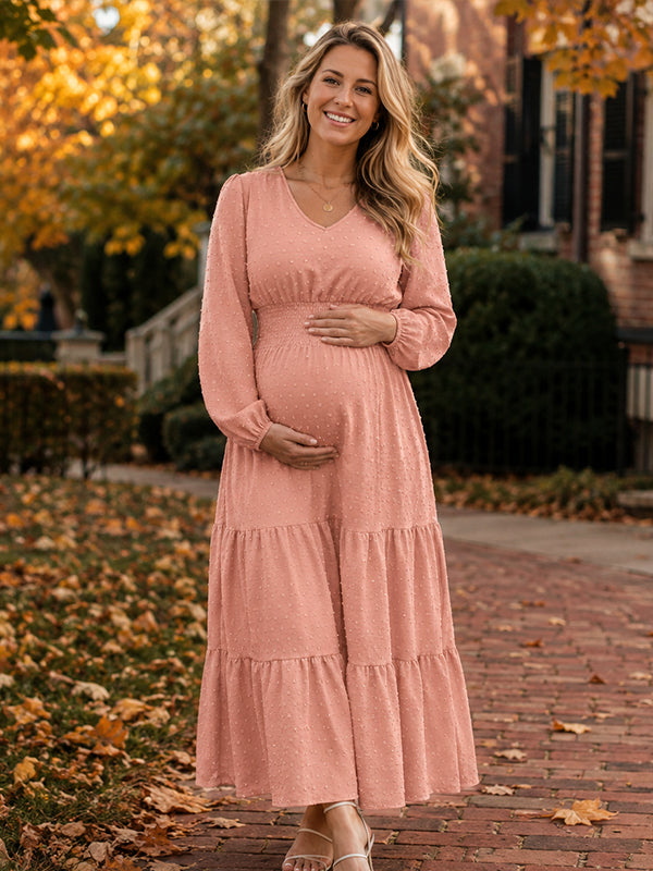 Vestido Premamá Midi Elegante con Volantes y Nido de Abeja para Sesión de Fotos