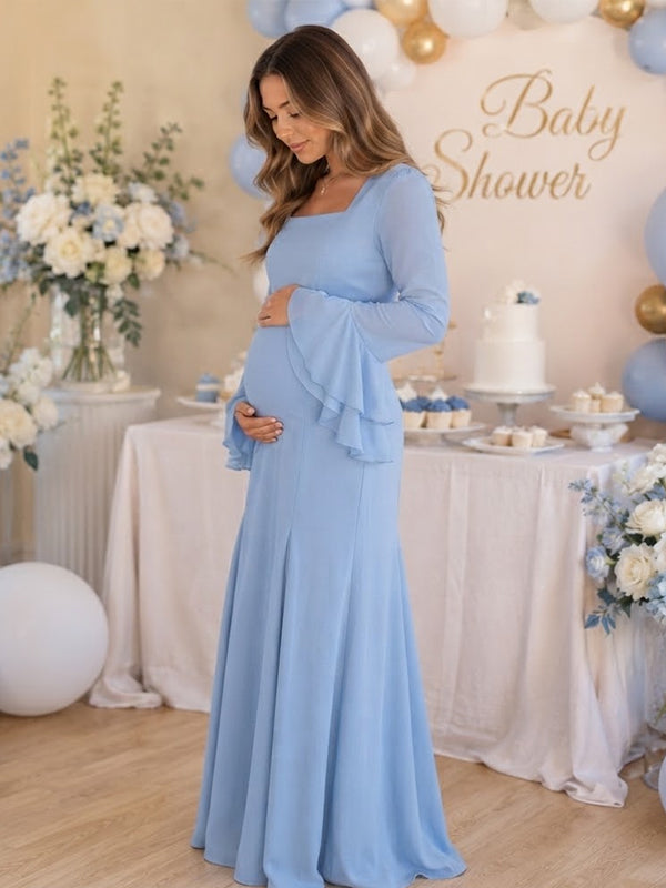 Vestido Premamá Maxi Elegante con Volantes y Manga Acampanada