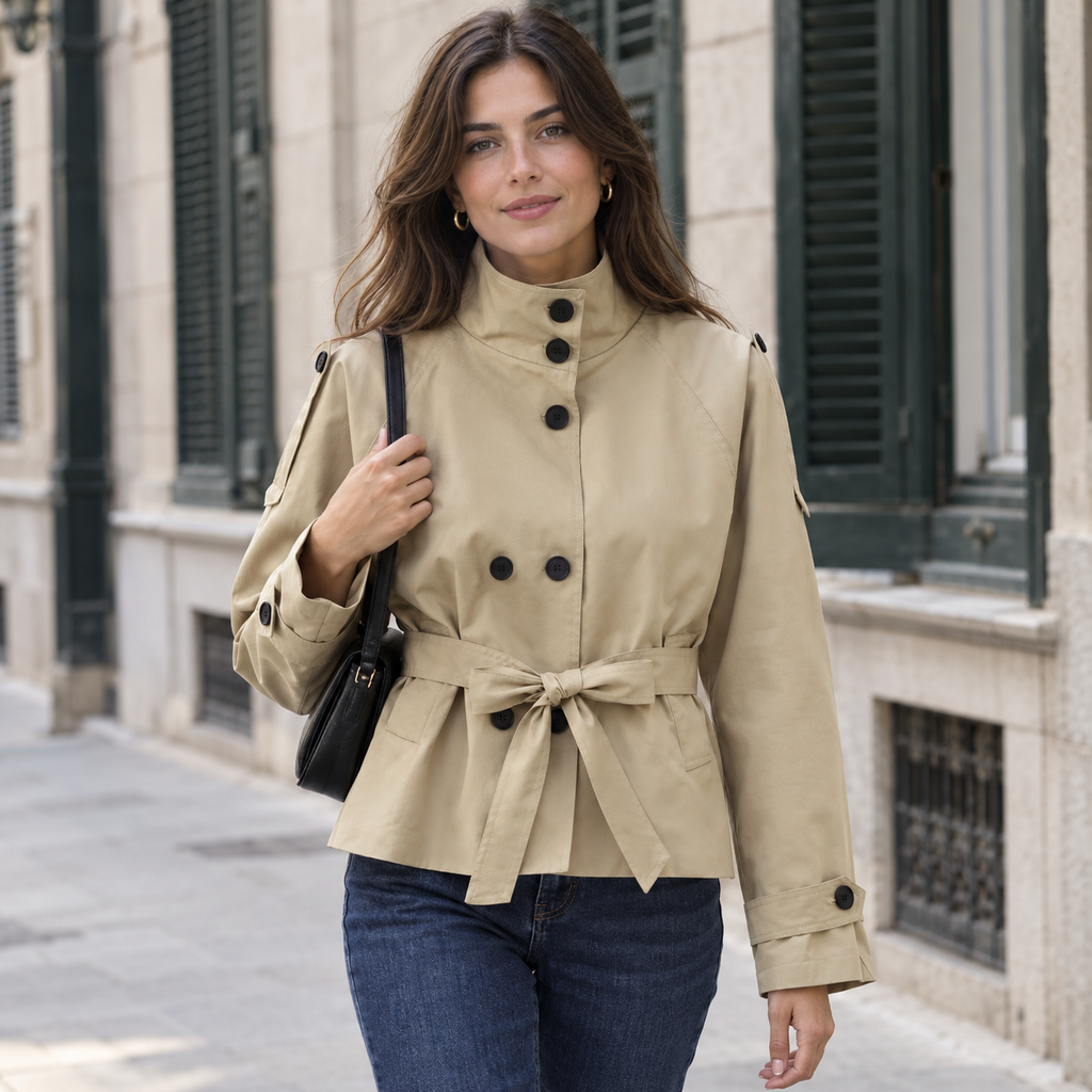 Gabardina Corta para Mujer | Trench Cruzado con Cuello Alto y Cinturón
