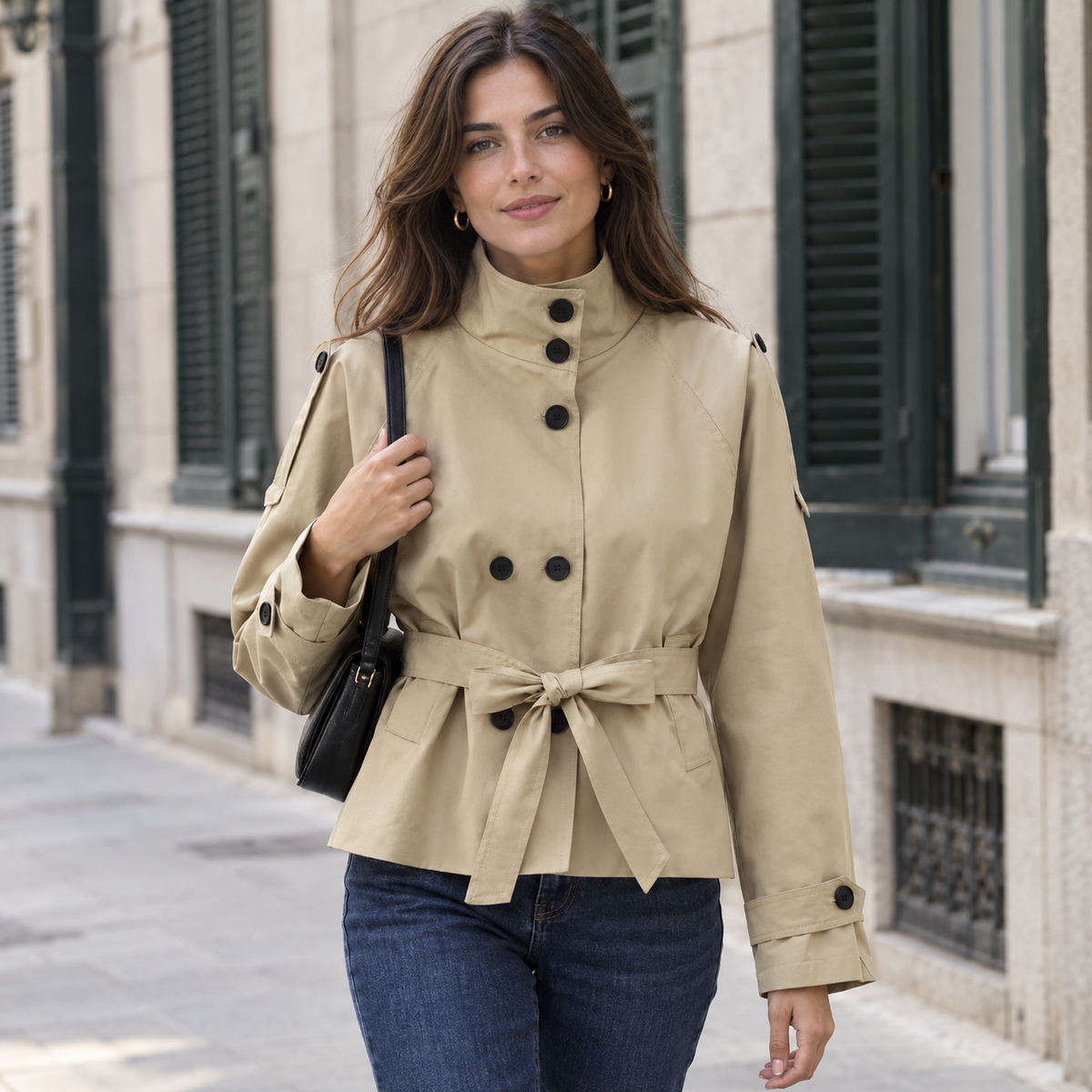 Gabardina Corta para Mujer | Trench Cruzado con Cuello Alto y Cinturón