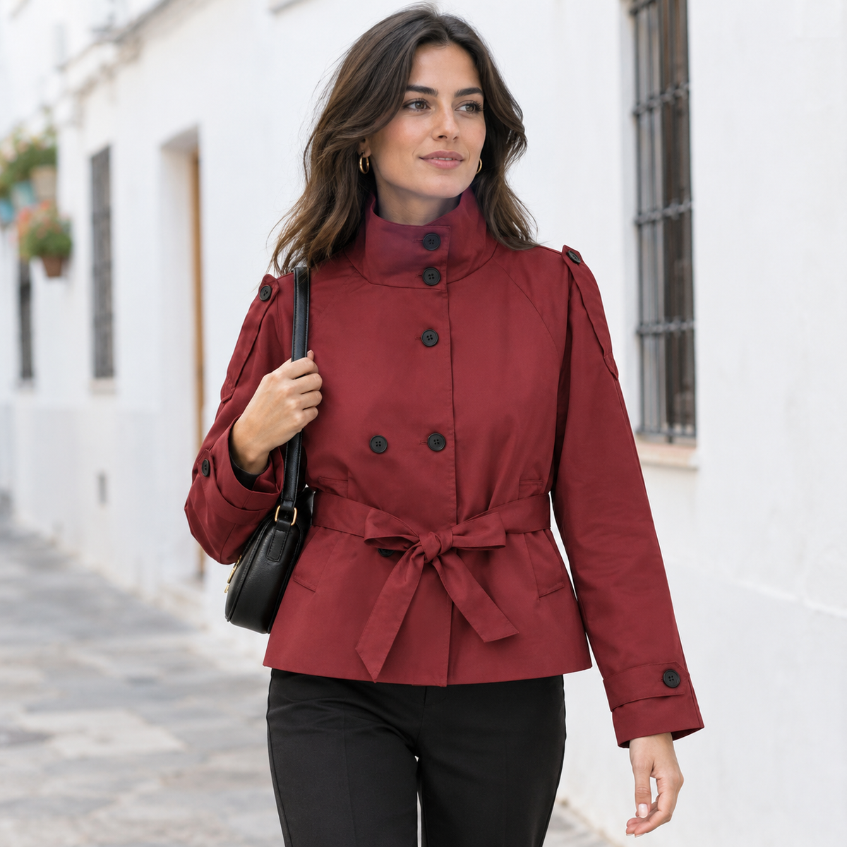 Gabardina Corta para Mujer | Trench Cruzado con Cuello Alto y Cinturón