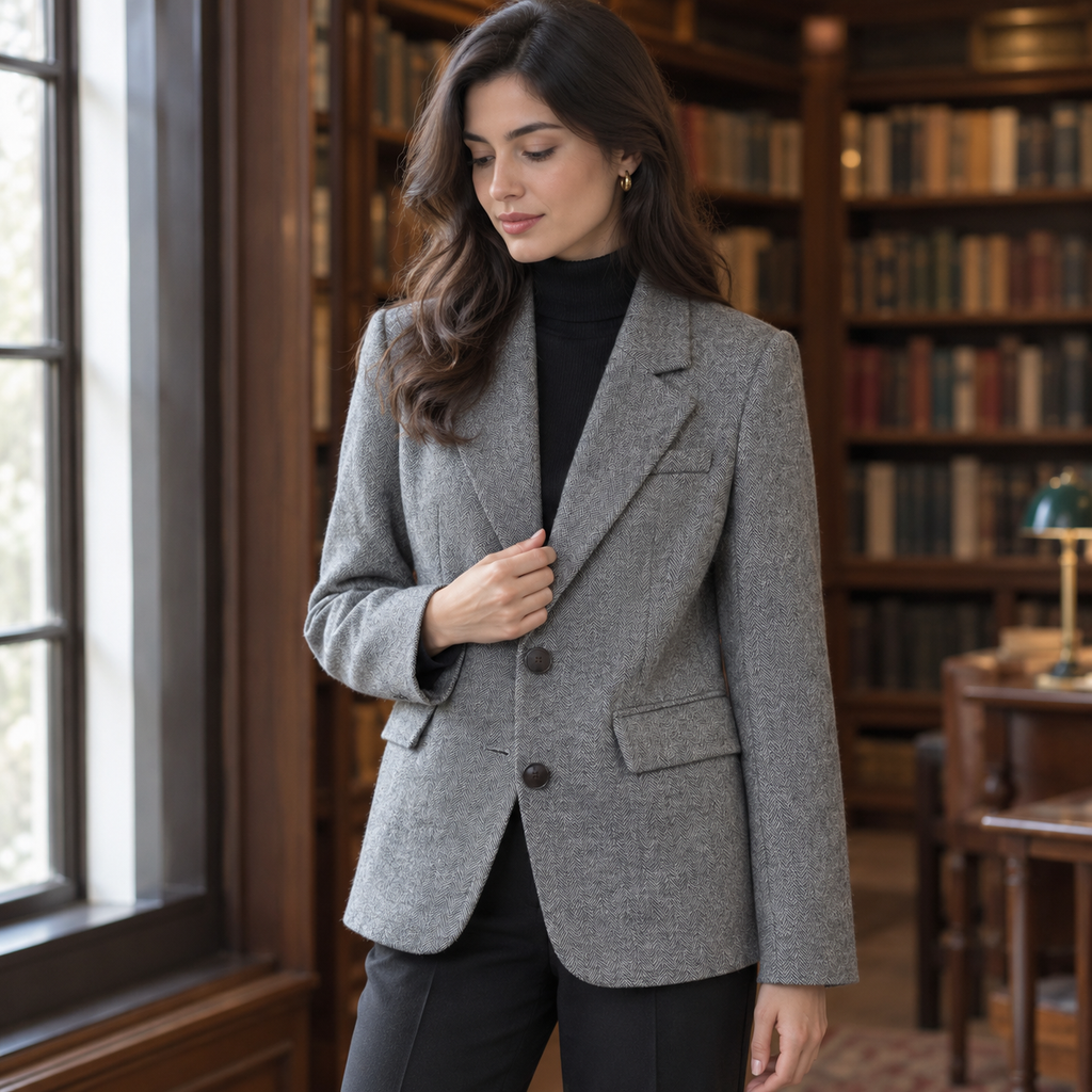 Blazer Gris para Mujer | Americana de Espiga Efecto Lana con Forro