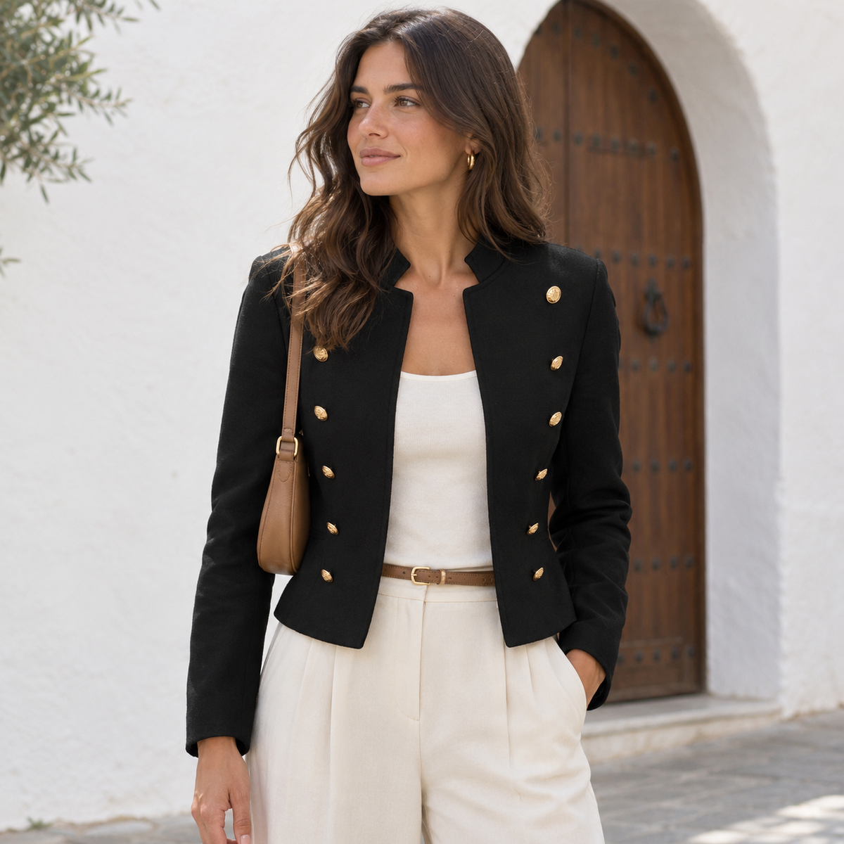 Chaqueta Militar para Mujer | Chaqueta Corta Cruzada con Botones Dorados