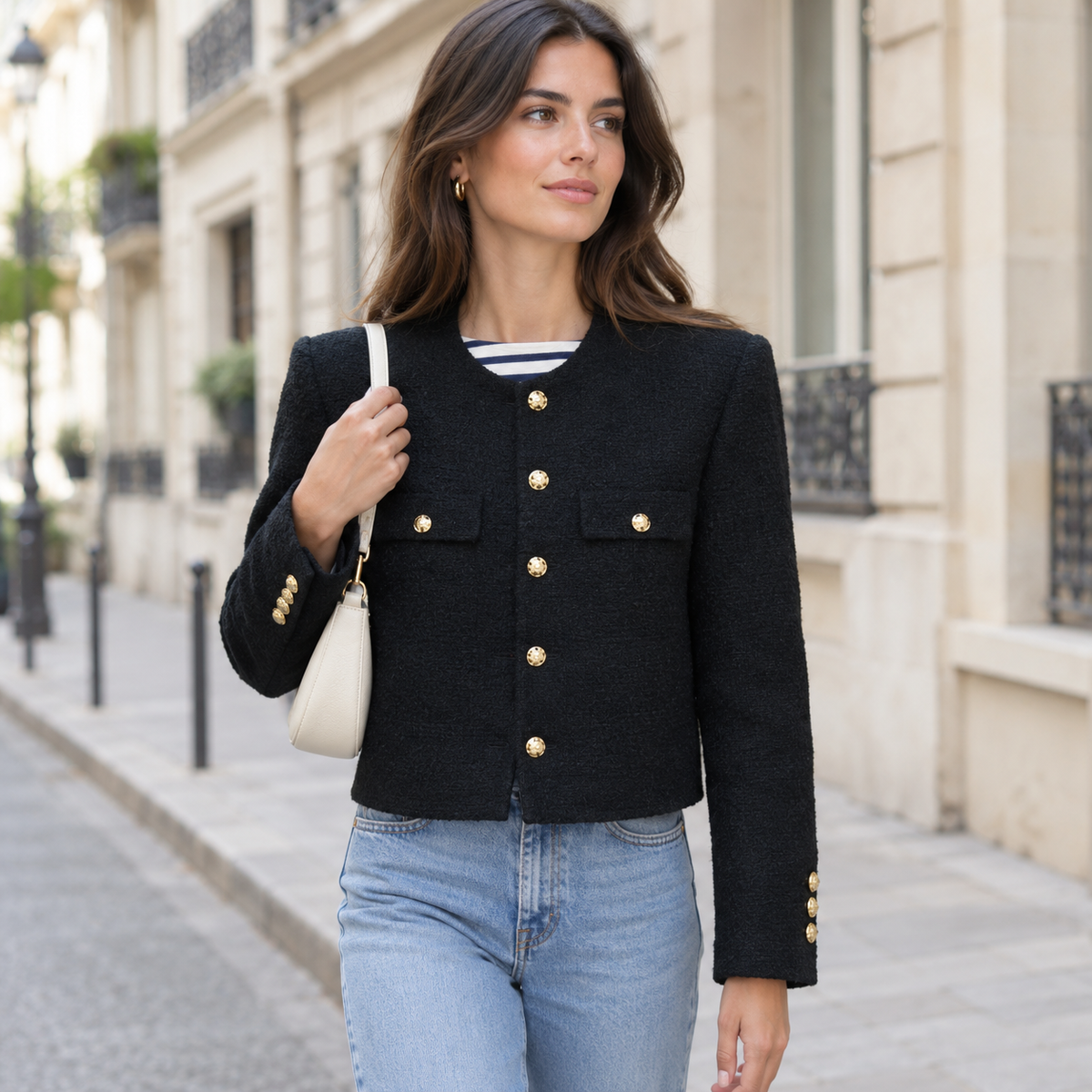 Chaqueta Tweed para Mujer | Chaqueta Corta Entallada con Botones Dorados
