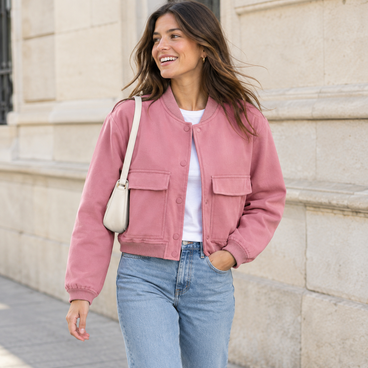 Chaqueta Bomber para Mujer | Cazadora Corta con Bolsillos de Solapa