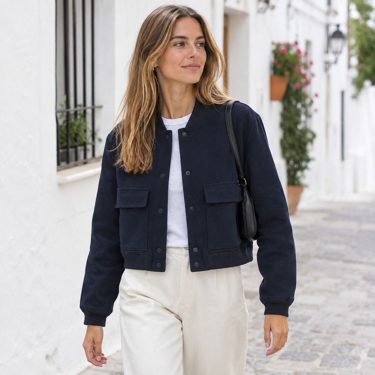 Chaqueta Bomber para Mujer | Cazadora Corta con Bolsillos de Solapa