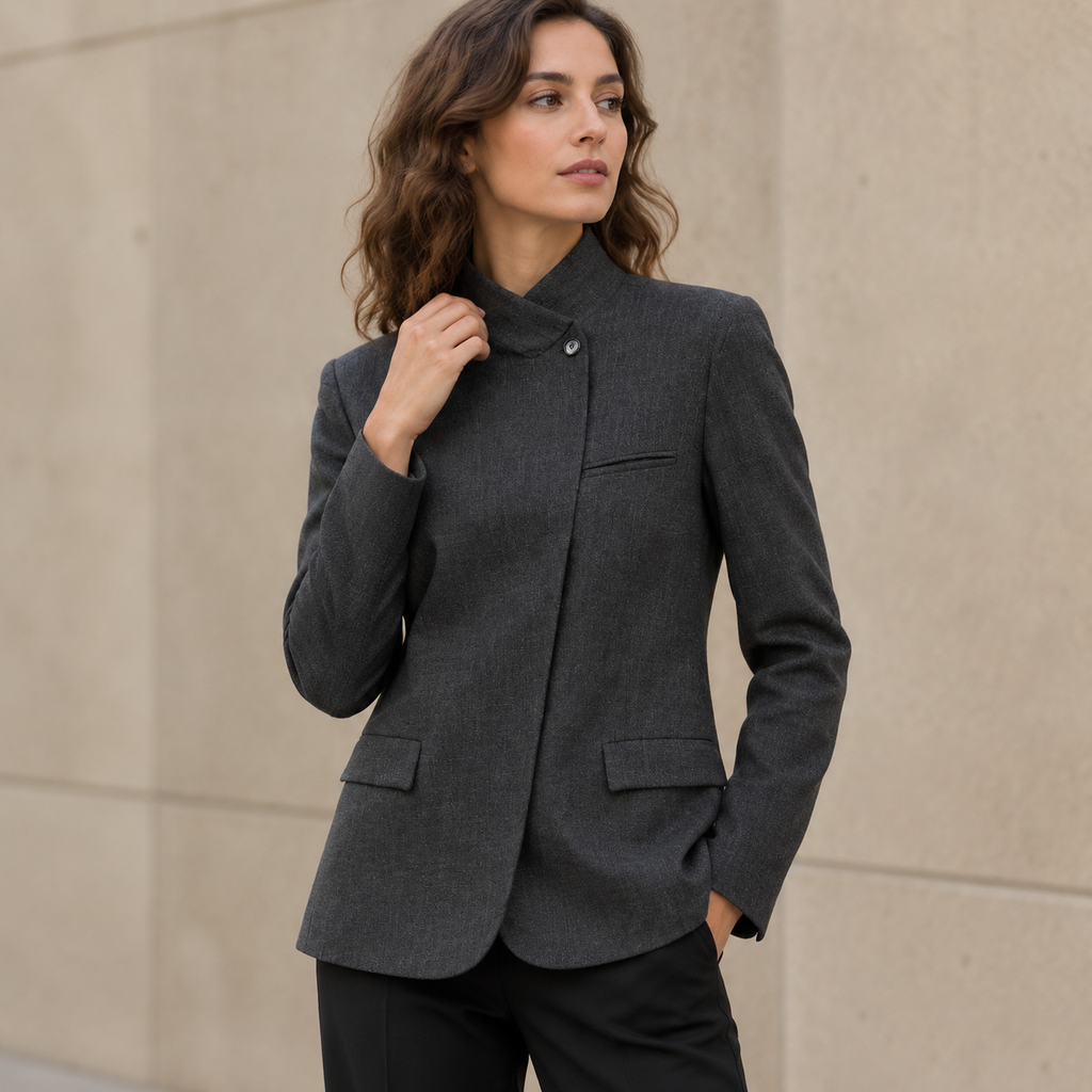 Blazer Asimétrico Gris para Mujer | Chaqueta Entallada de Manga Larga