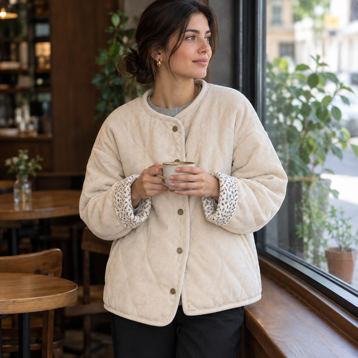 Chaqueta Acolchada para Mujer | Cazadora Guateada Beige con Forro Estampado