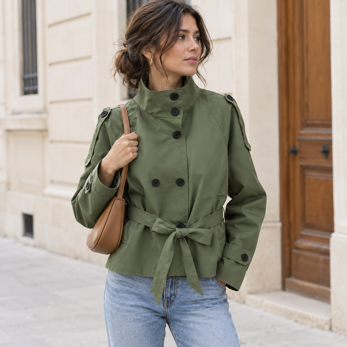 Gabardina Corta para Mujer | Trench Cruzado con Cuello Alto y Cinturón