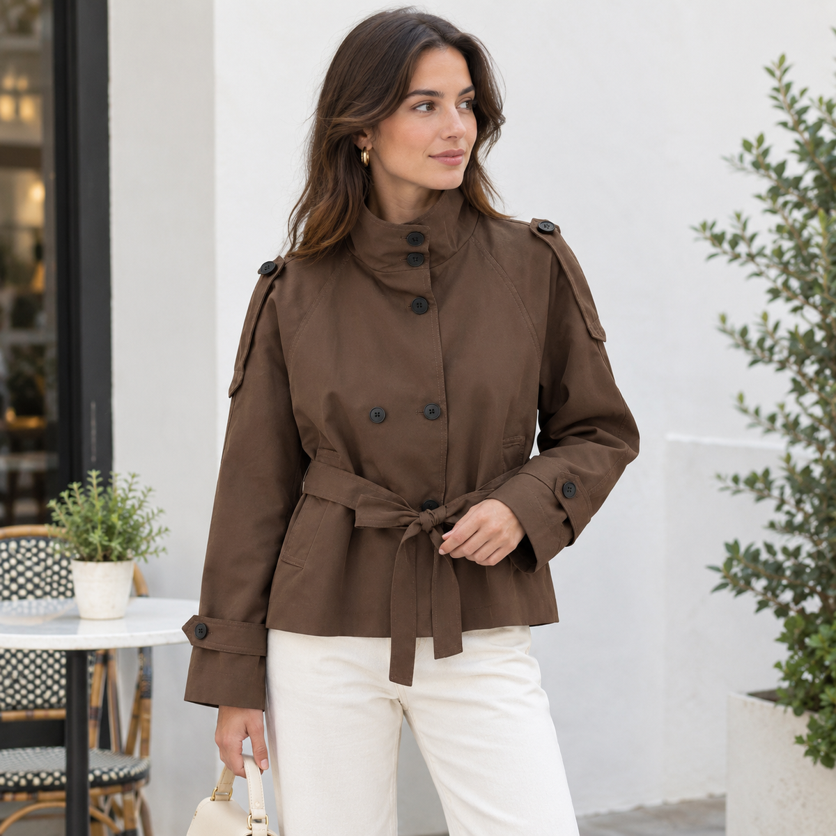 Gabardina Corta para Mujer | Trench Cruzado con Cuello Alto y Cinturón