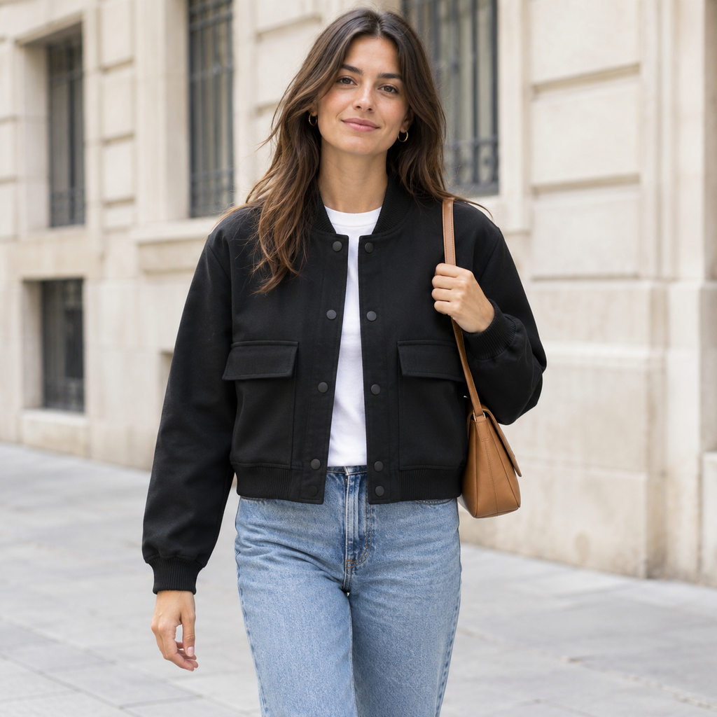 Chaqueta Bomber para Mujer | Cazadora Corta con Bolsillos de Solapa