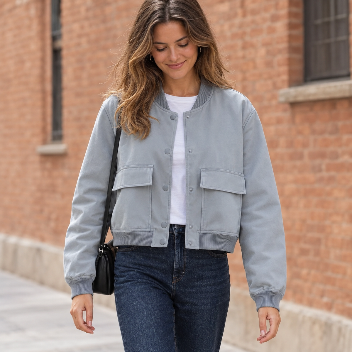 Chaqueta Bomber para Mujer | Cazadora Corta con Bolsillos de Solapa