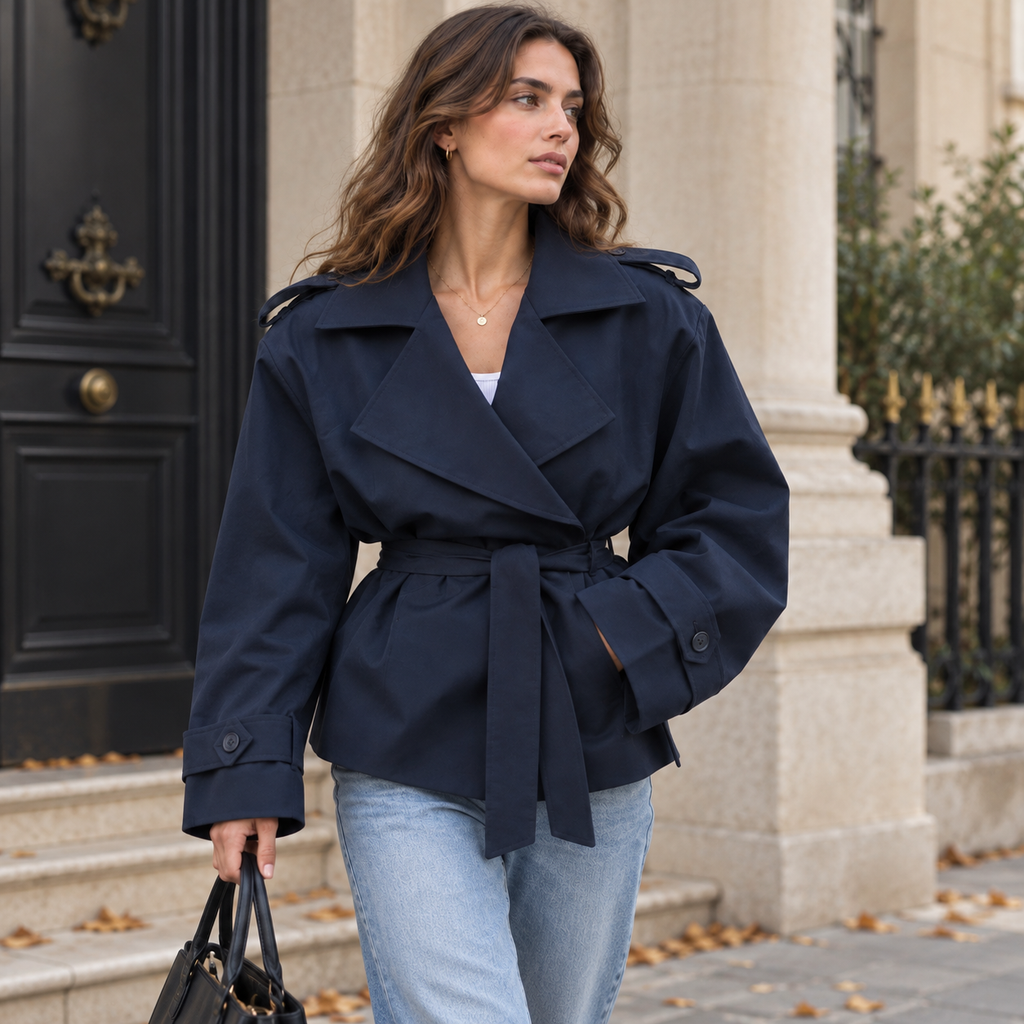 Gabardina Cruzada Corta para Mujer | Chaquetón de Entretiempo con Cordón