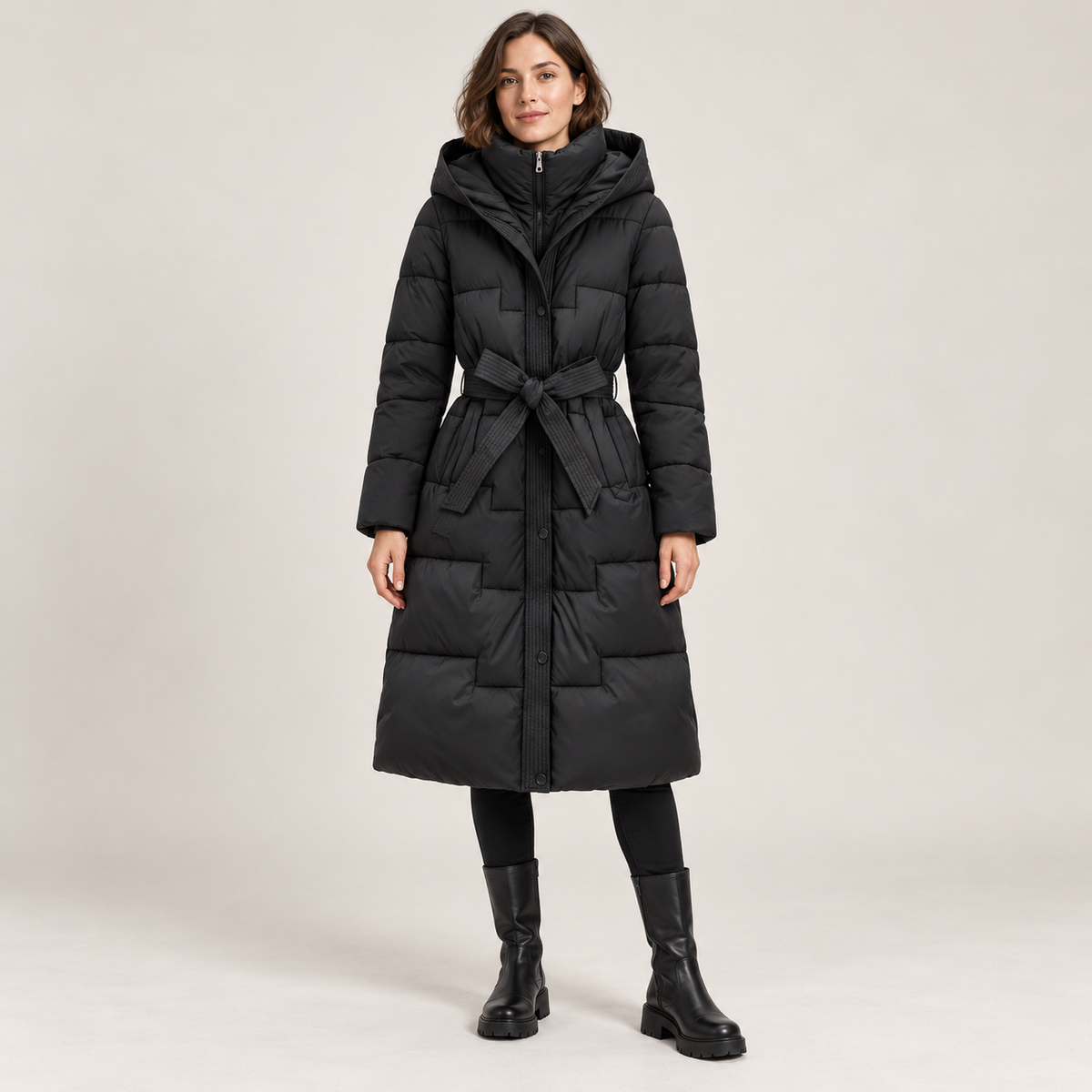 Abrigo Largo Acolchado con Capucha y Cinturón para Mujer | Cálido de Invierno