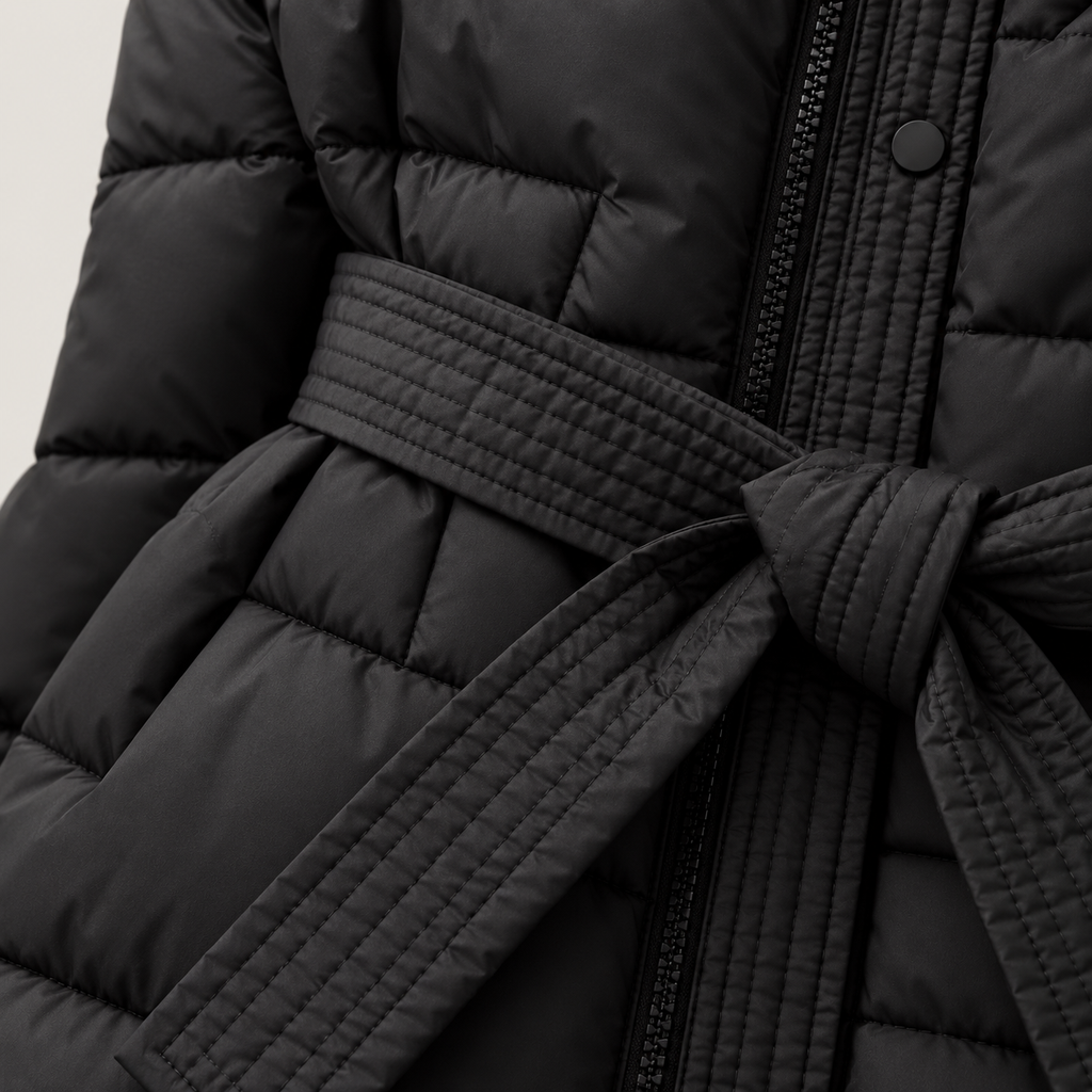 Abrigo Largo Acolchado con Capucha y Cinturón para Mujer | Cálido de Invierno