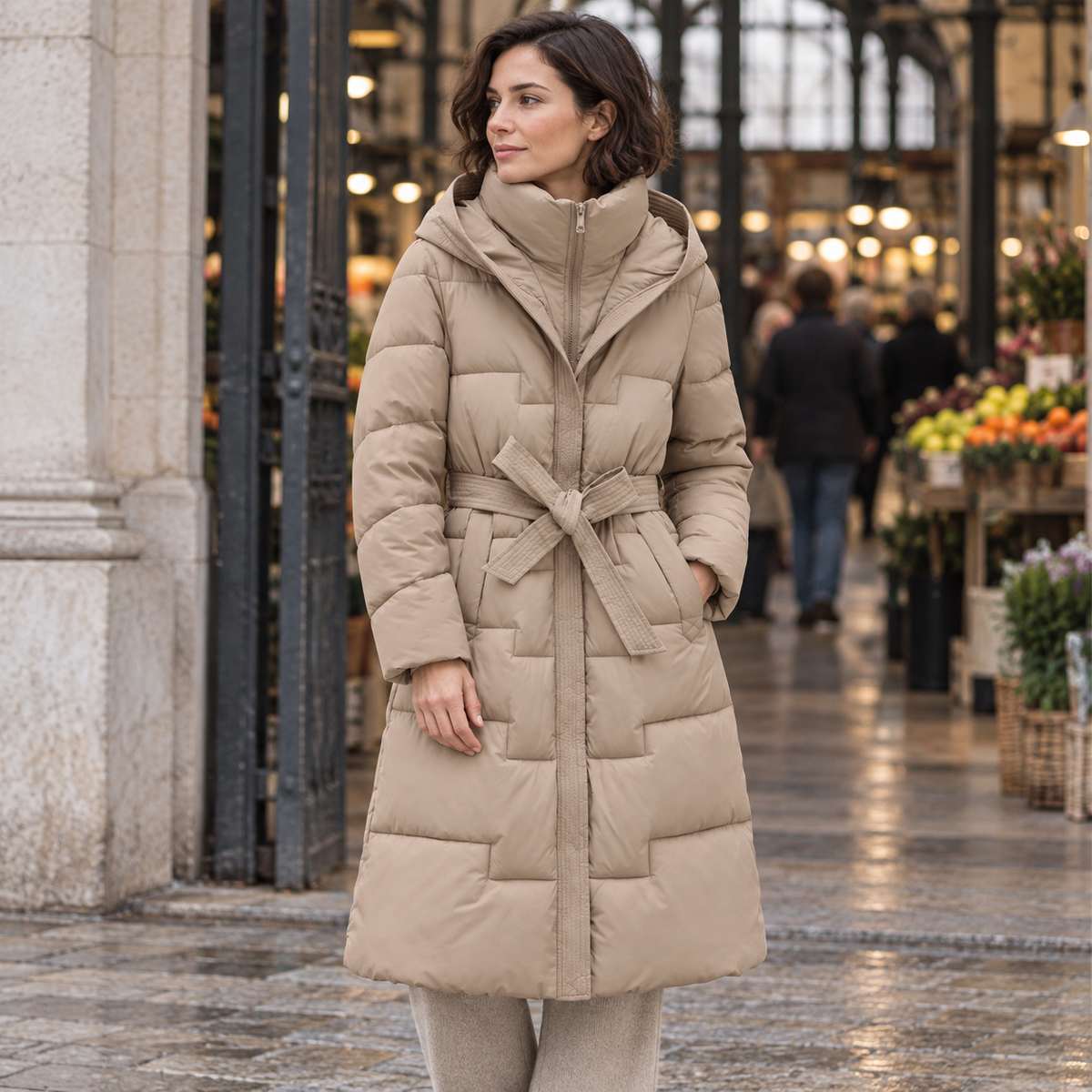 Abrigo Largo Acolchado con Capucha y Cinturón para Mujer | Cálido de Invierno