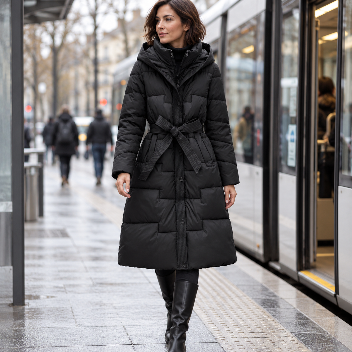 Abrigo Largo Acolchado con Capucha y Cinturón para Mujer | Cálido de Invierno