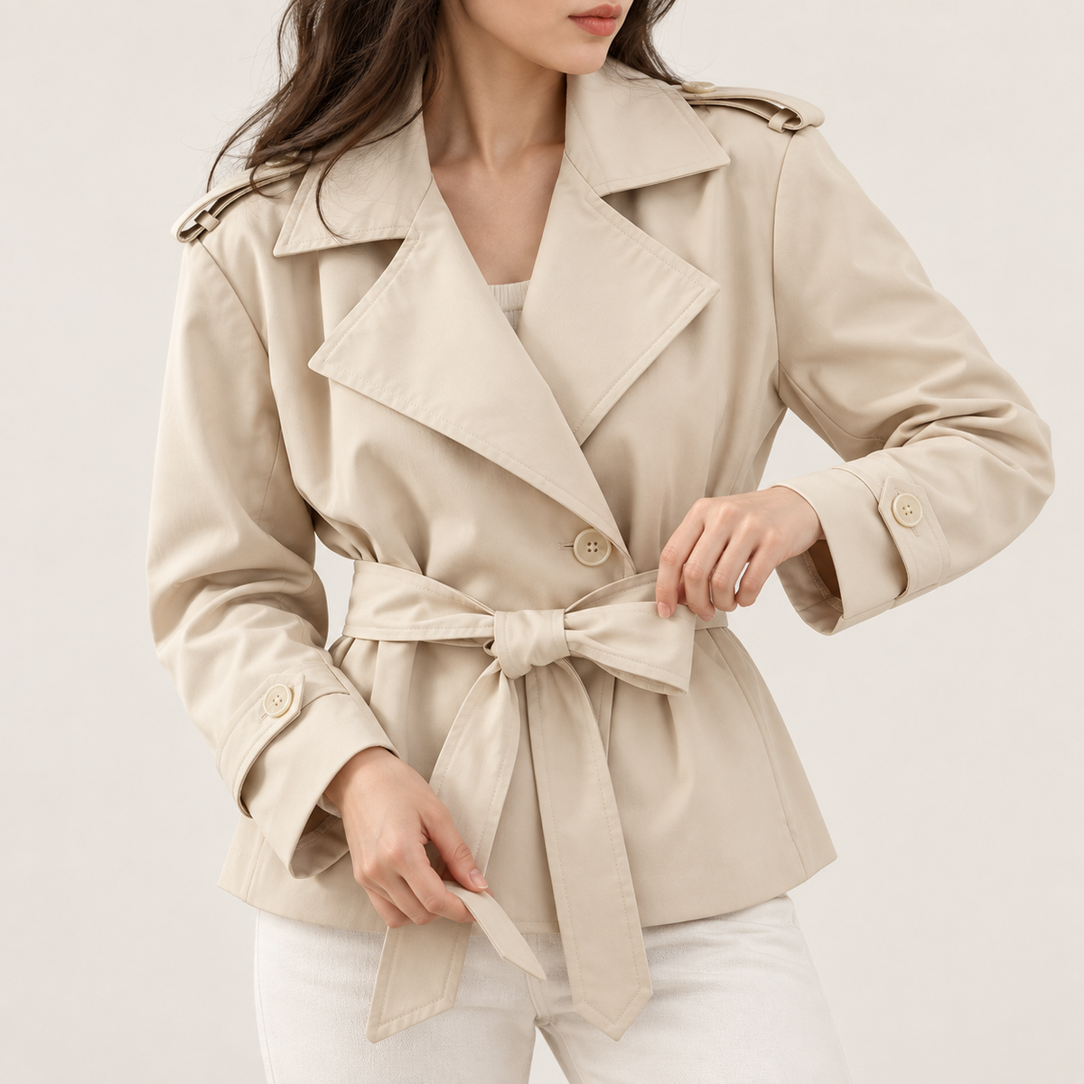 Trench Corto Cruzado para Mujer | Chaquetón de Hombros Anchos con Cordón