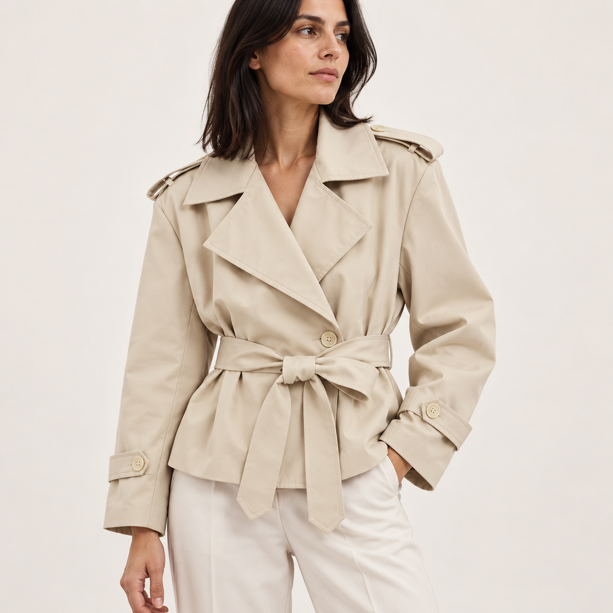 Trench Corto Cruzado para Mujer | Chaquetón de Hombros Anchos con Cordón