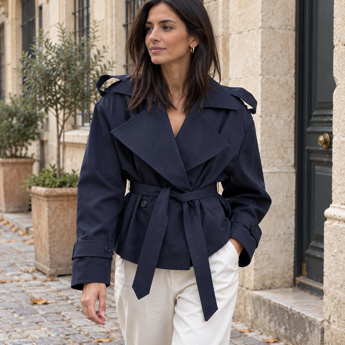 Trench Corto Cruzado para Mujer | Chaquetón de Hombros Anchos con Cordón