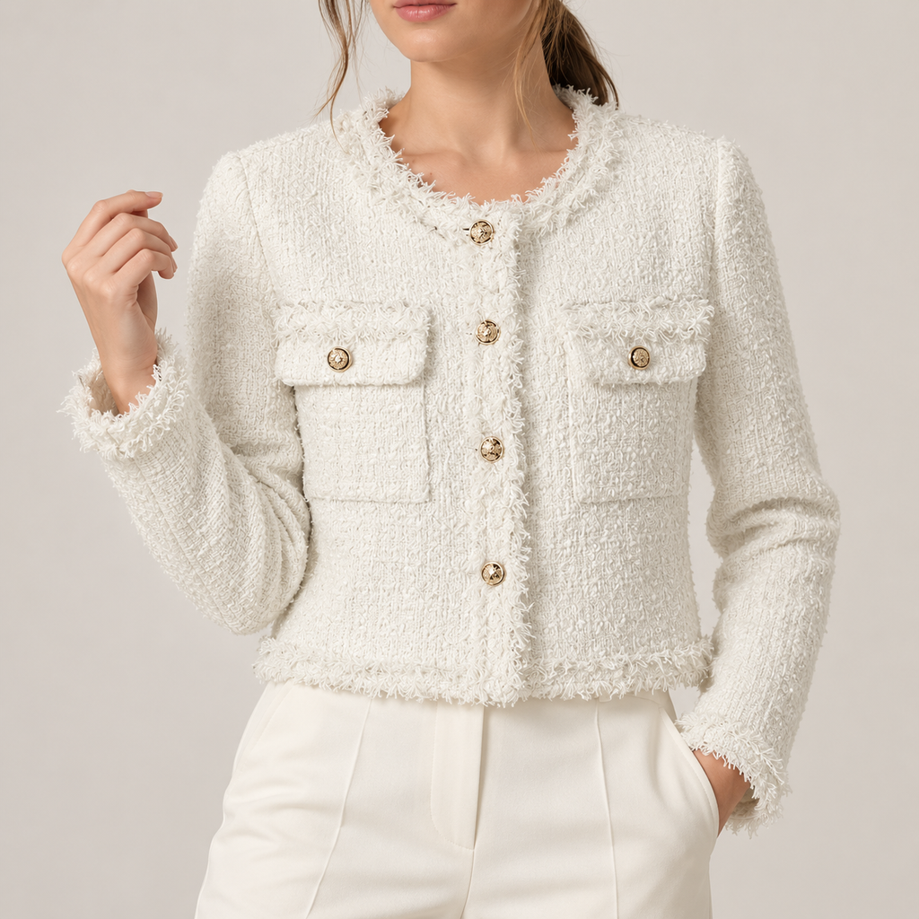 Chaqueta Tweed con Flecos para Mujer | Chaqueta Corta con Botones Dorados