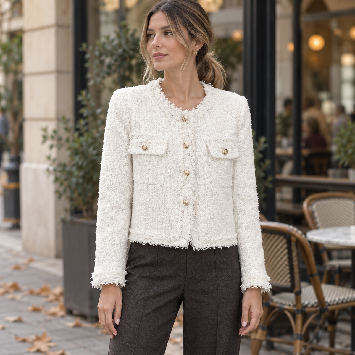 Chaqueta Tweed con Flecos para Mujer | Chaqueta Corta con Botones Dorados