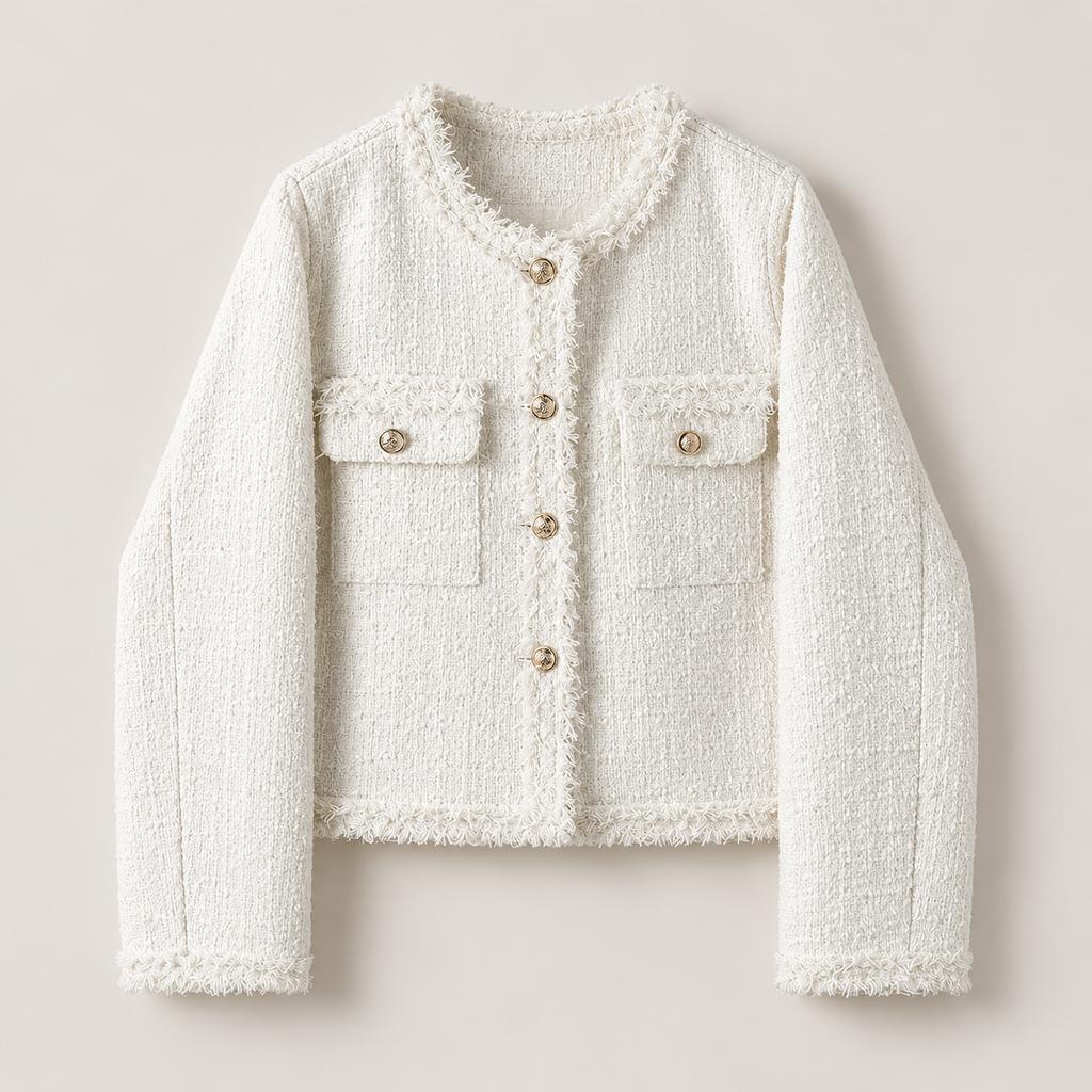 Chaqueta Tweed con Flecos para Mujer | Chaqueta Corta con Botones Dorados